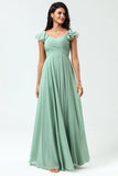 Lace-Up Back A Line Chiffon Green Vestido de dama de honor con volantes