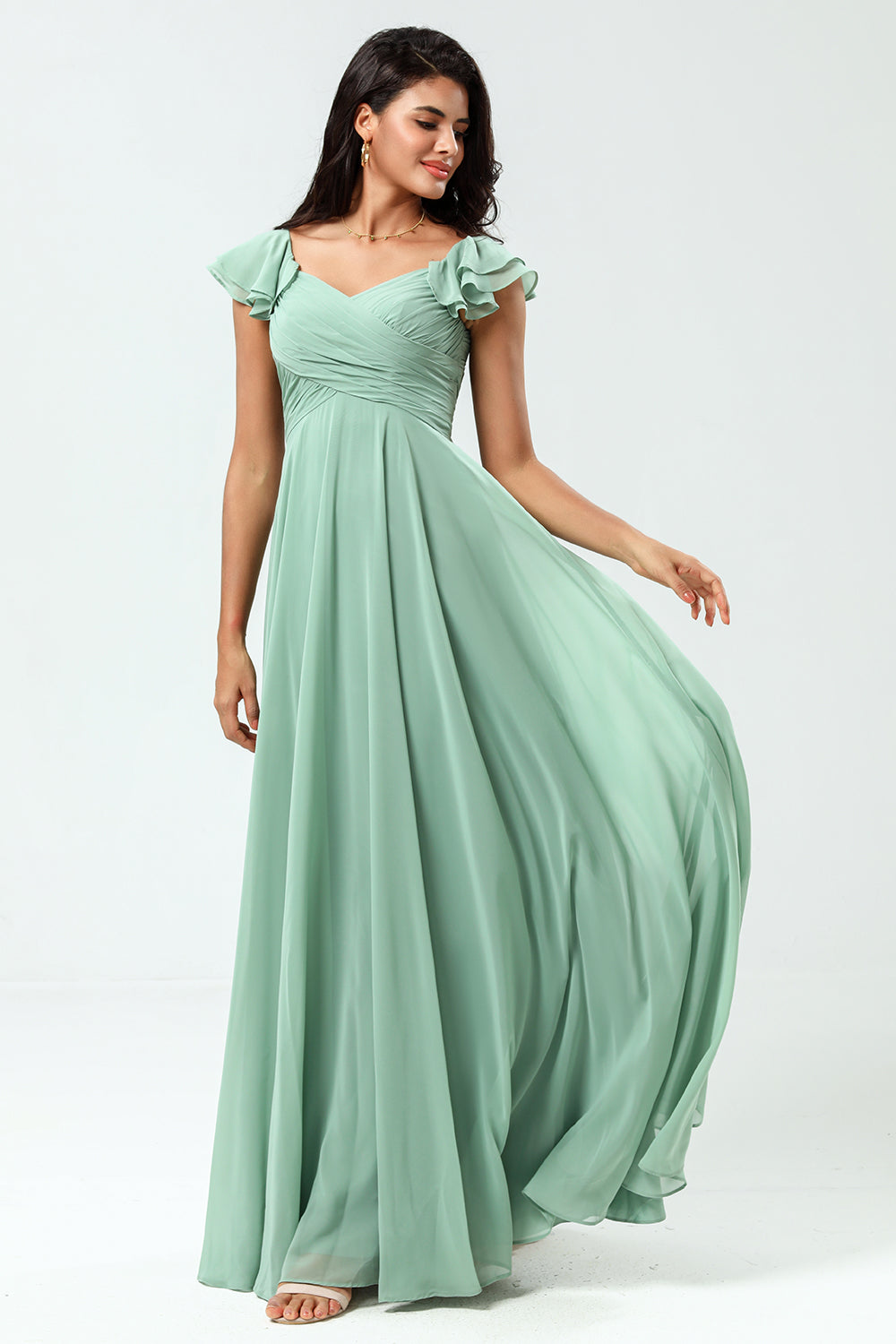 Lace-Up Back A Line Chiffon Green Vestido de dama de honor con volantes