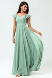 Lace-Up Back A Line Chiffon Green Vestido de dama de honor con volantes