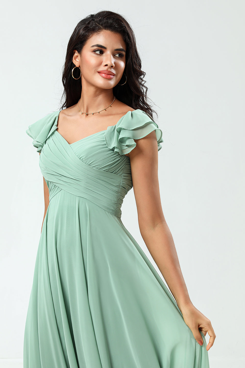 Lace-Up Back A Line Chiffon Green Vestido de dama de honor con volantes