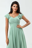 Lace-Up Back A Line Chiffon Green Vestido de dama de honor con volantes