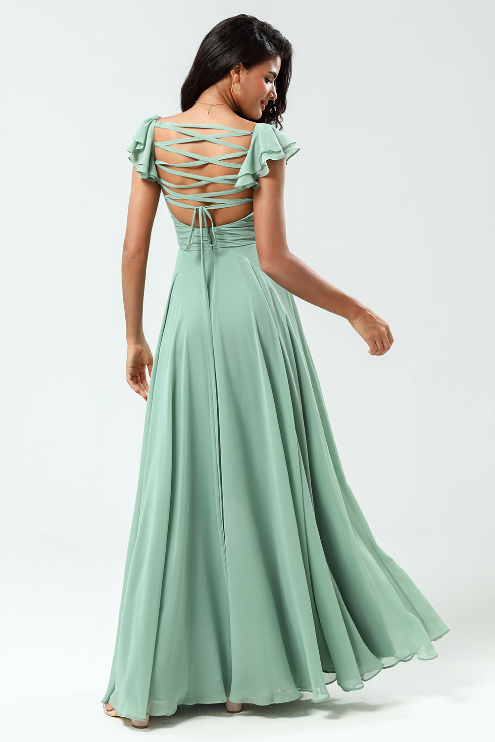 Lace-Up Back A Line Chiffon Green Vestido de dama de honor con volantes