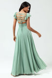 Lace-Up Back A Line Chiffon Green Vestido de dama de honor con volantes