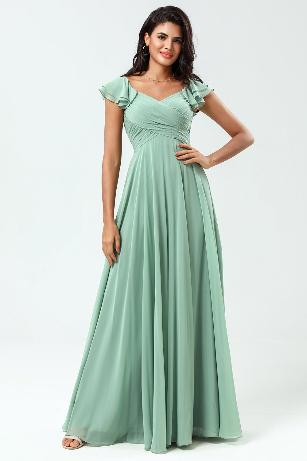 Lace-Up Back A Line Chiffon Green Vestido de dama de honor con volantes