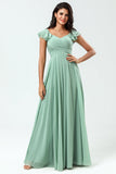 Lace-Up Back A Line Chiffon Green Vestido de dama de honor con volantes