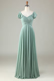 Lace-Up Back A Line Chiffon Green Vestido de dama de honor con volantes