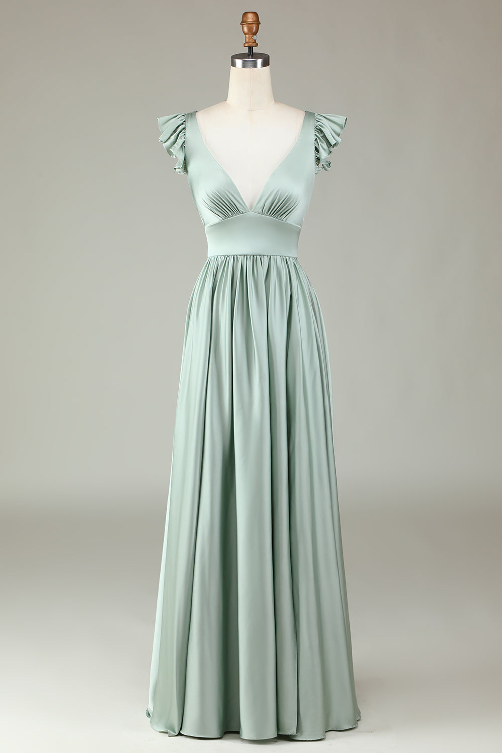 Deep V-Neck A Line Green Vestido de dama de honor largo con volantes