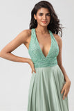 Vestido de dama de honor largo de cuello en V de una línea interminable con cuello en V con abalorios