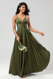 Vestido de Dama de Honor Largo Oliva Corte A sin mangas