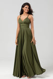 Grand Beauty A Line Spaghetti Straps Vestido de dama de honor largo verde oliva con volantes