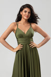 Grand Beauty A Line Spaghetti Straps Vestido de dama de honor largo verde oliva con volantes