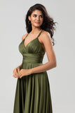 Grand Beauty A Line Spaghetti Straps Vestido de dama de honor largo verde oliva con volantes