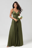 Grand Beauty A Line Spaghetti Straps Vestido de dama de honor largo verde oliva con volantes