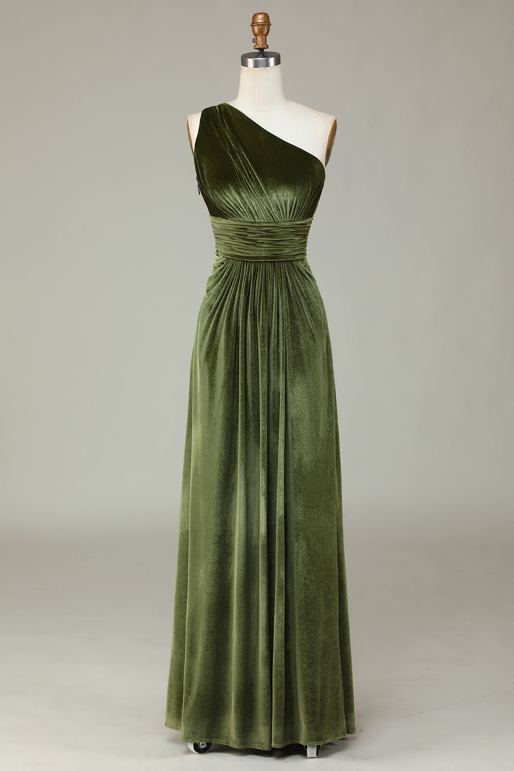 Soñando con elegancia Una línea de un hombro Velterciopelo oliva Vestido de dama de honor largo