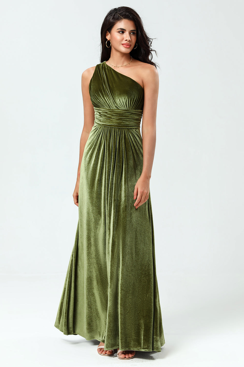 Soñando con elegancia Una línea de un hombro Velterciopelo oliva Vestido de dama de honor largo