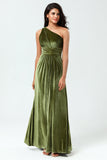 Soñando con elegancia Una línea de un hombro Velterciopelo oliva Vestido de dama de honor largo