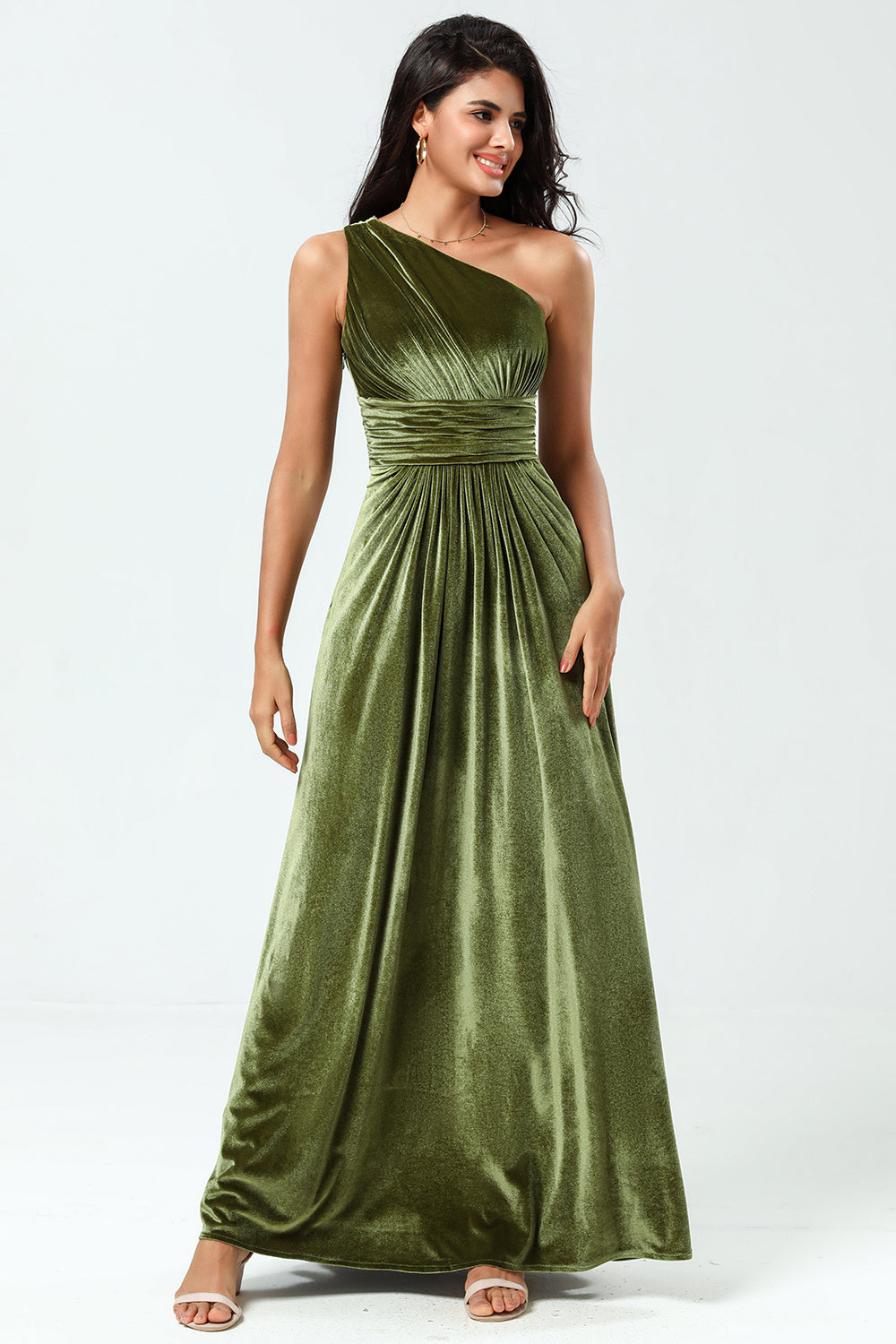 Soñando con elegancia Una línea de un hombro Velterciopelo oliva Vestido de dama de honor largo