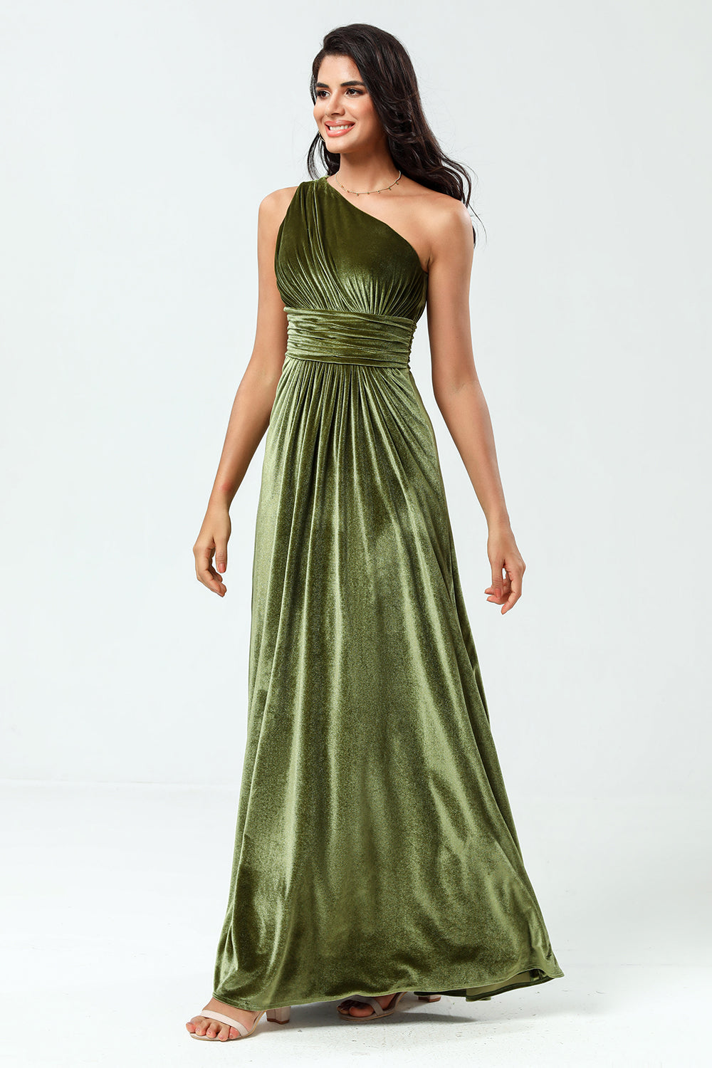 Soñando con elegancia Una línea de un hombro Velterciopelo oliva Vestido de dama de honor largo
