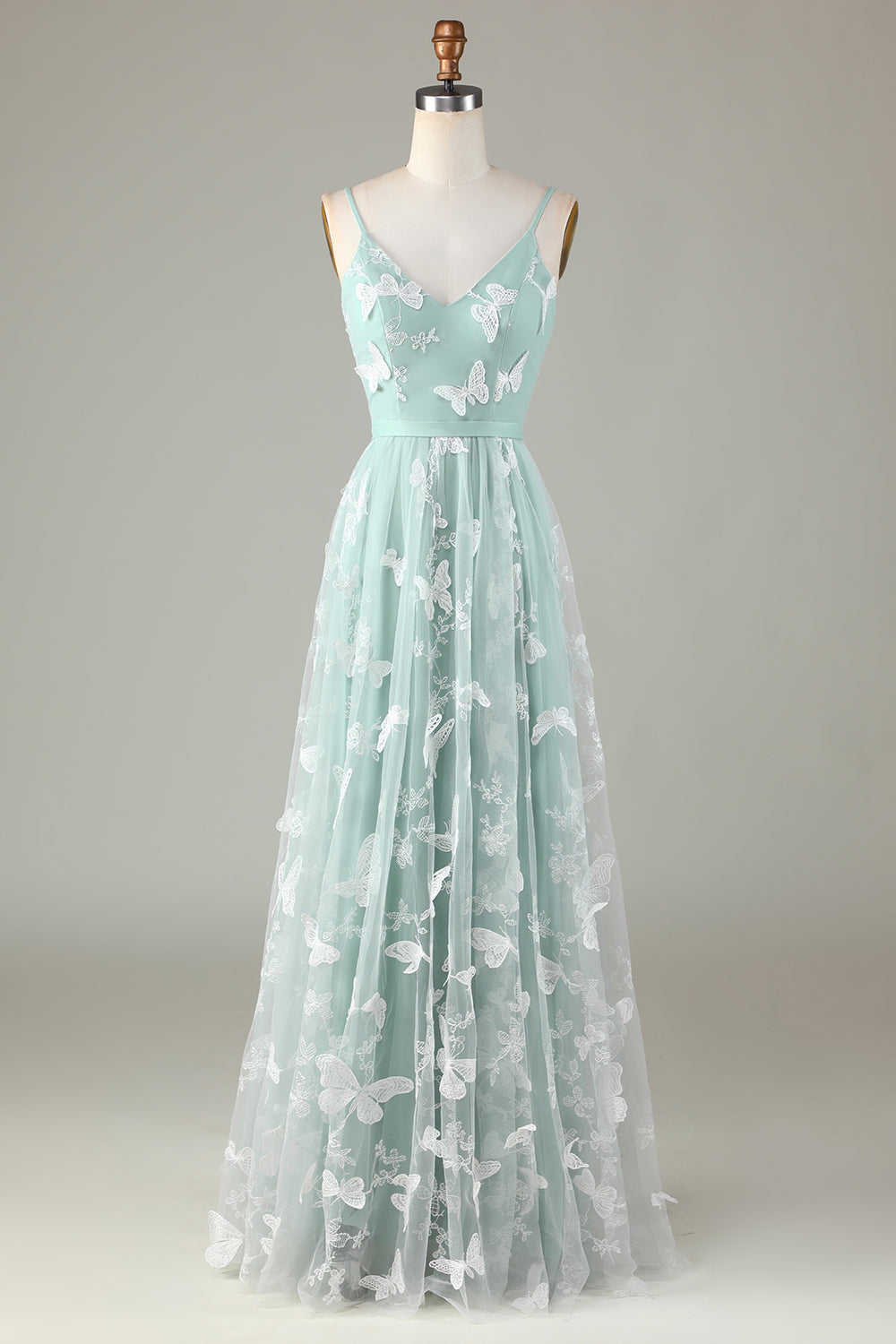 Capturó tu corazón Una línea de correas de espagueti Matcha Vestido de dama de honor largo con apliques