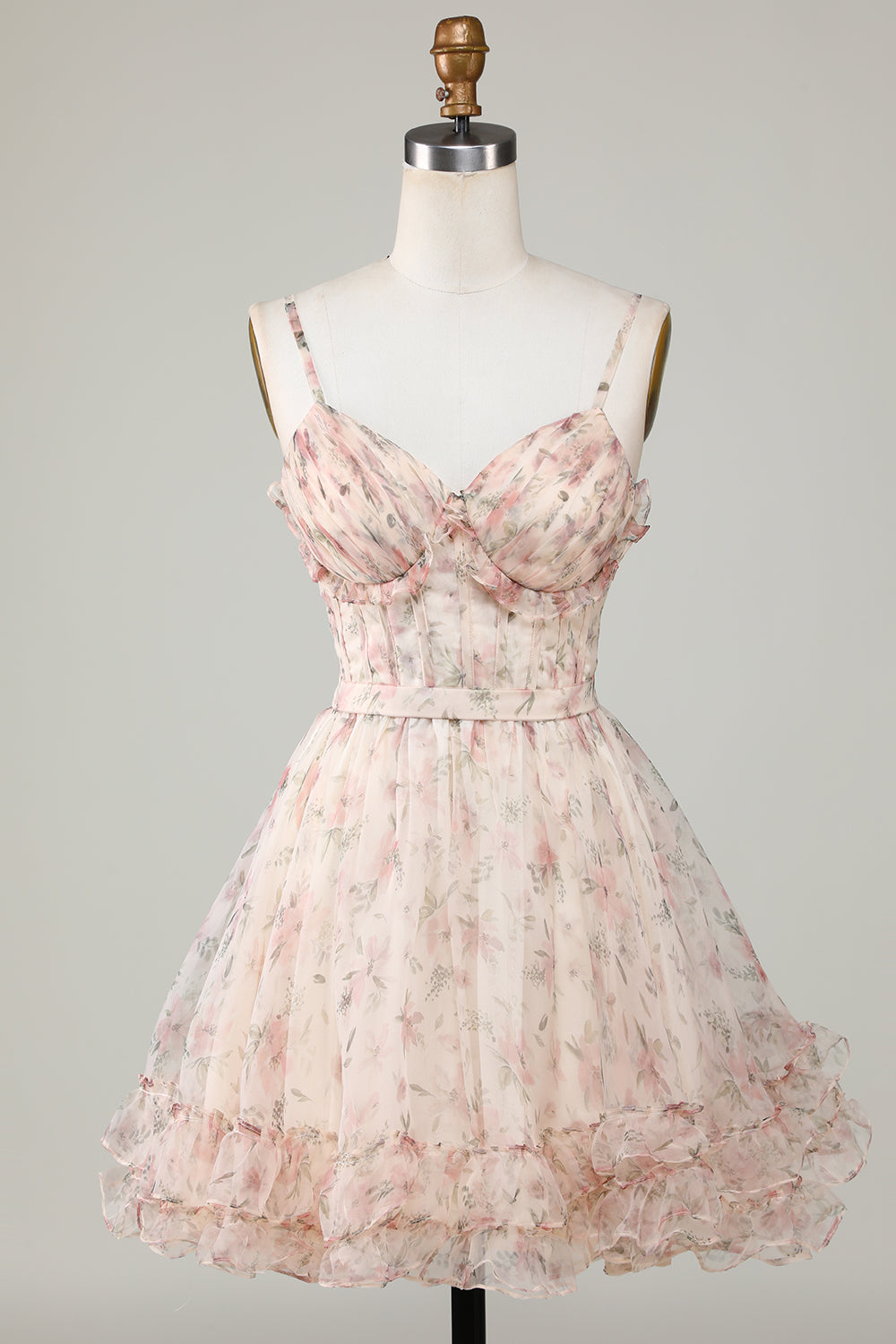 Champagne A-Line Corsé Floral Vestido Corto de Bienvenida