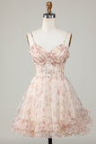 Champagne A-Line Corsé Floral Vestido Corto de Bienvenida