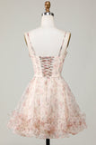 Champagne A-Line Corsé Floral Vestido Corto de Bienvenida