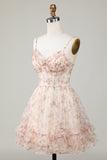 Champagne A-Line Corsé Floral Vestido Corto de Bienvenida