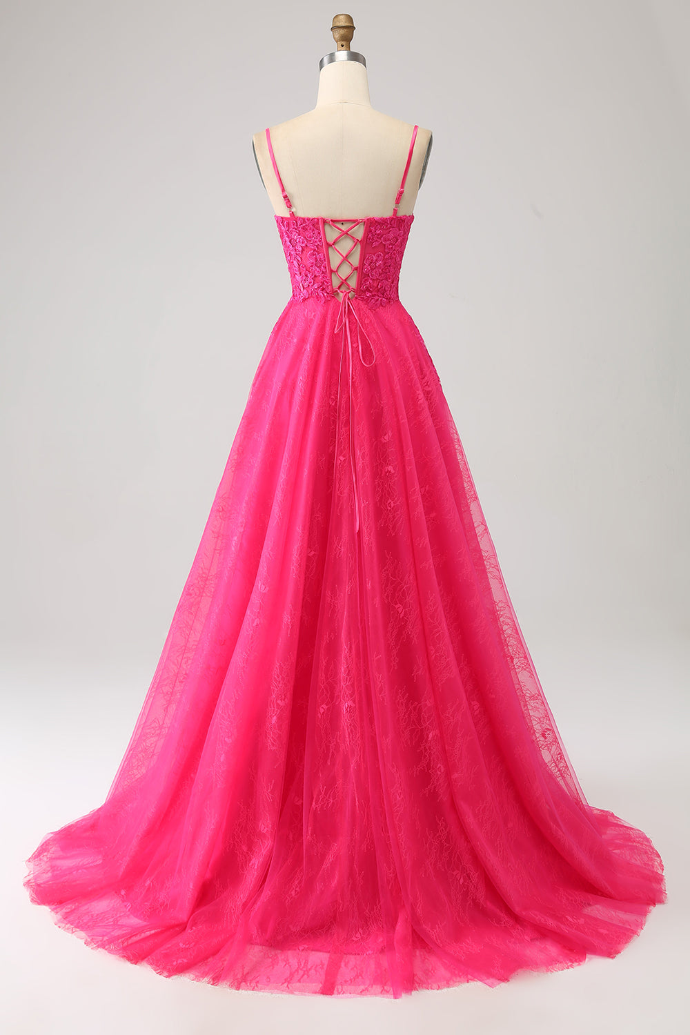 Vestido de fiesta largo de encaje con corsé de línea A fucsia con abertura