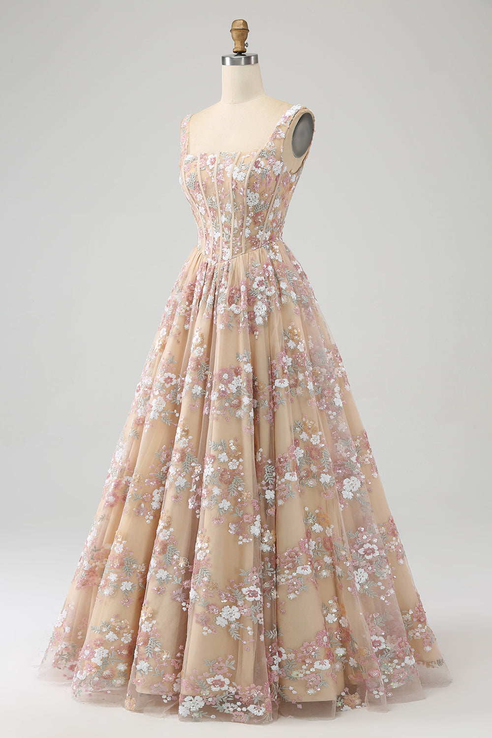 Lujoso vestido de fiesta con corsé champán de cuello cuadrado de una línea con apliques