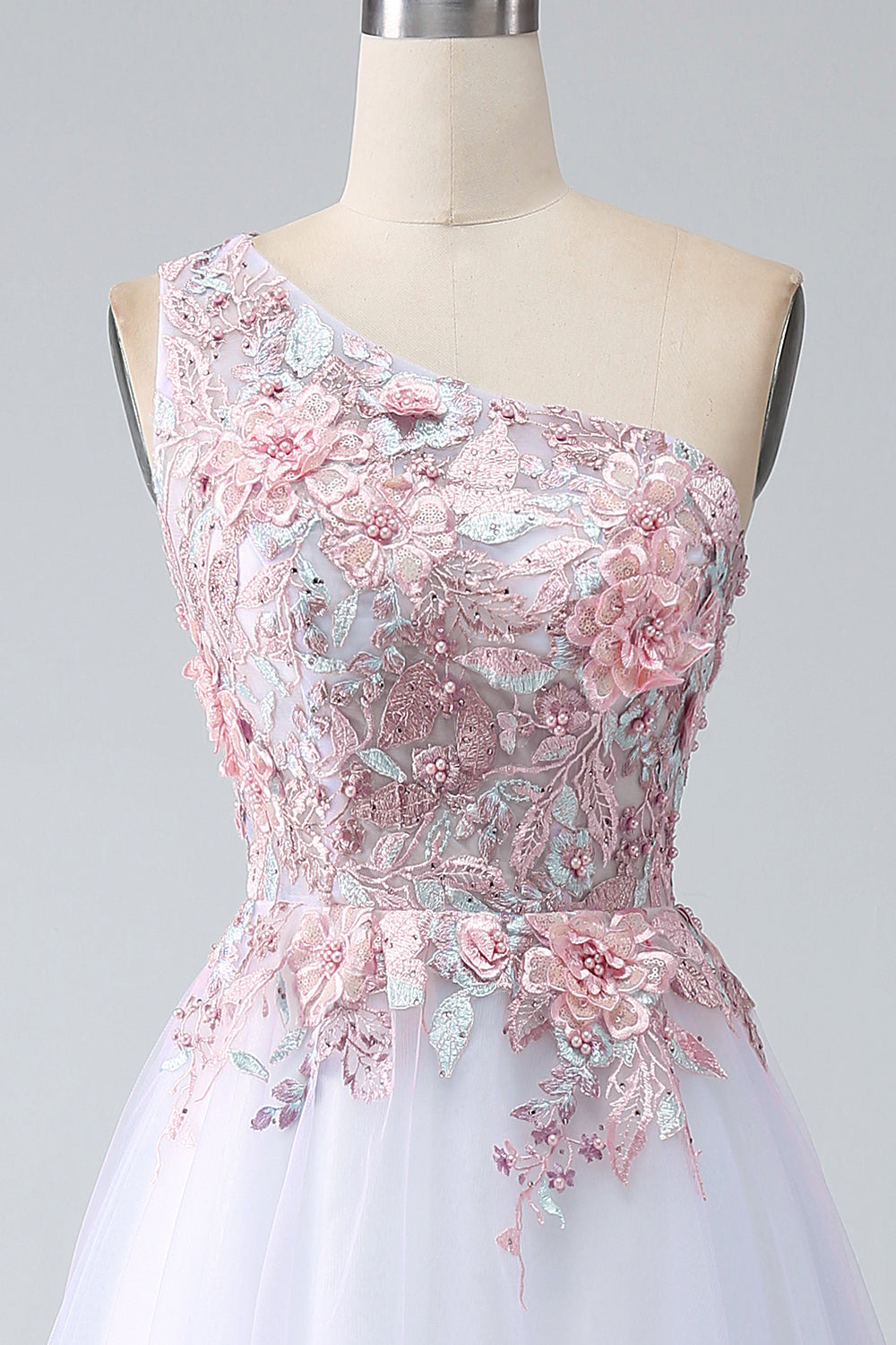Vestido de fiesta rosa de un hombro con apliques