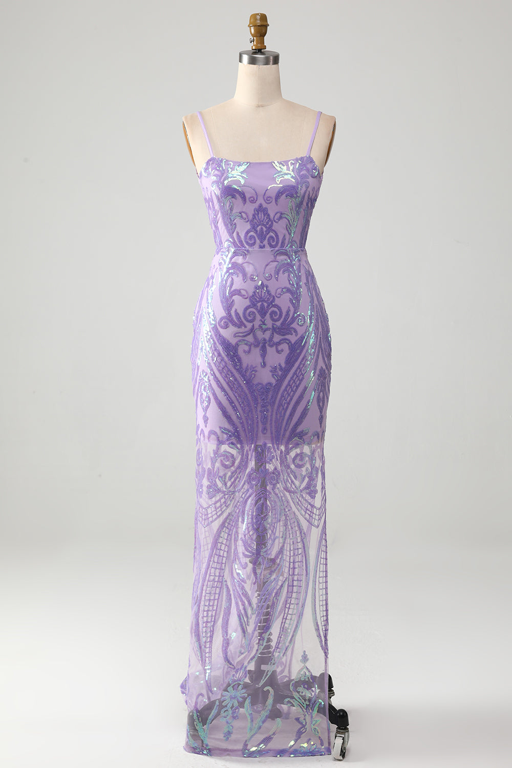 Vestido de fiesta sin espalda de color púrpura claro con lentejuelas