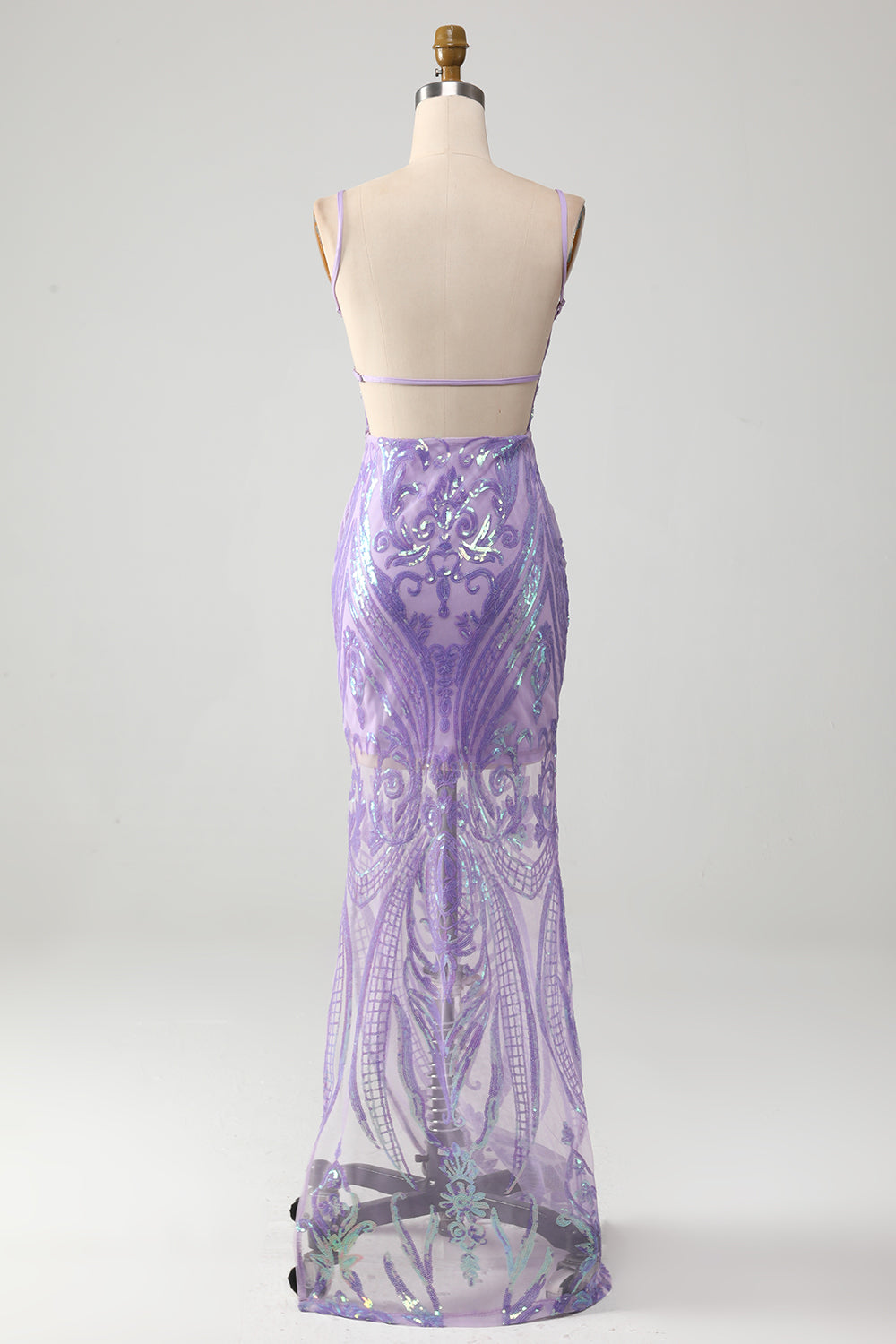 Vestido de fiesta sin espalda de color púrpura claro con lentejuelas