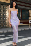 Trendy Sheath Spaghetti Trapes Púrpura Claro Vestido de Fiesta Largo con Espalda Sin Espalda