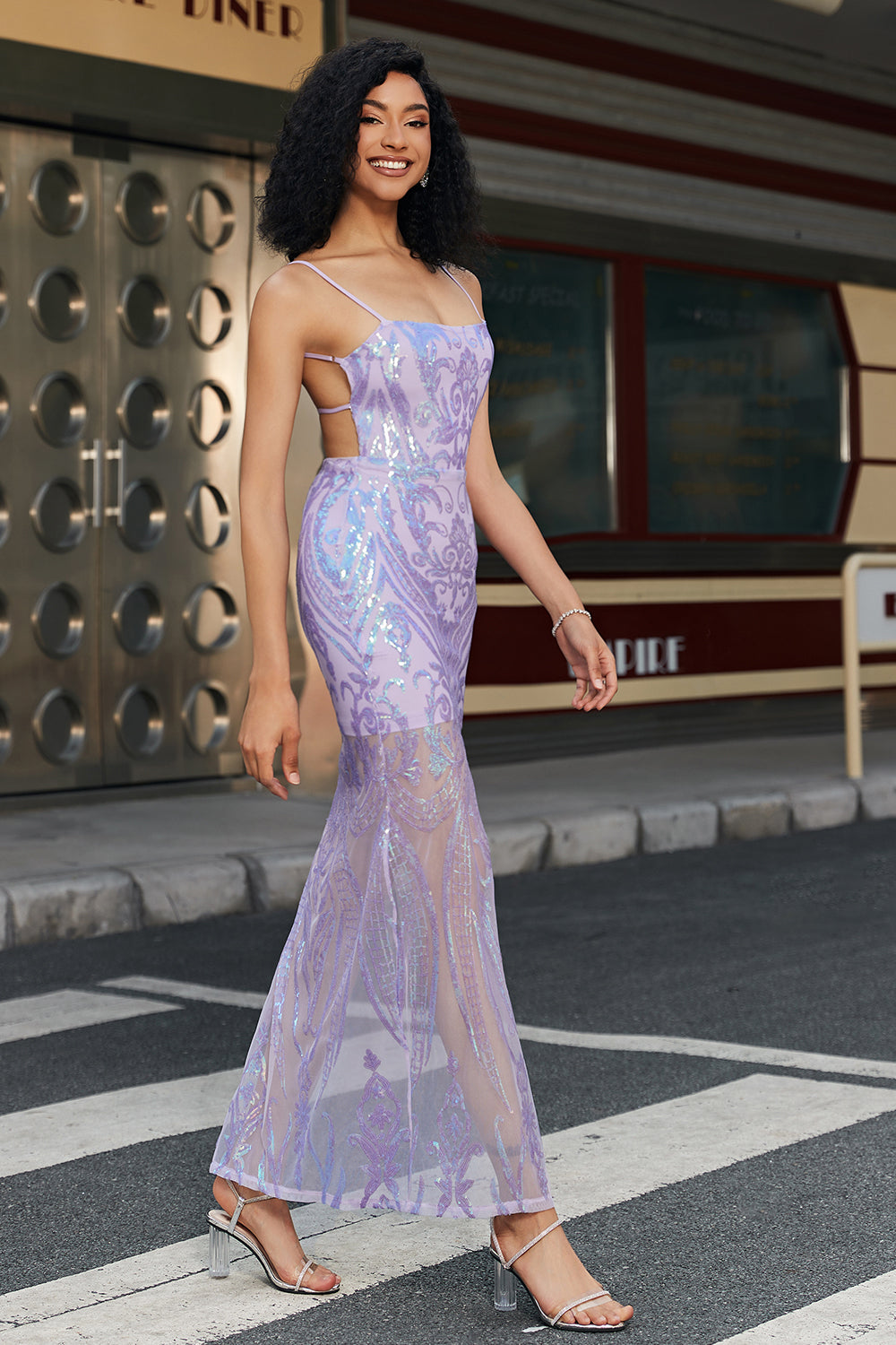 Trendy Sheath Spaghetti Trapes Púrpura Claro Vestido de Fiesta Largo con Espalda Sin Espalda