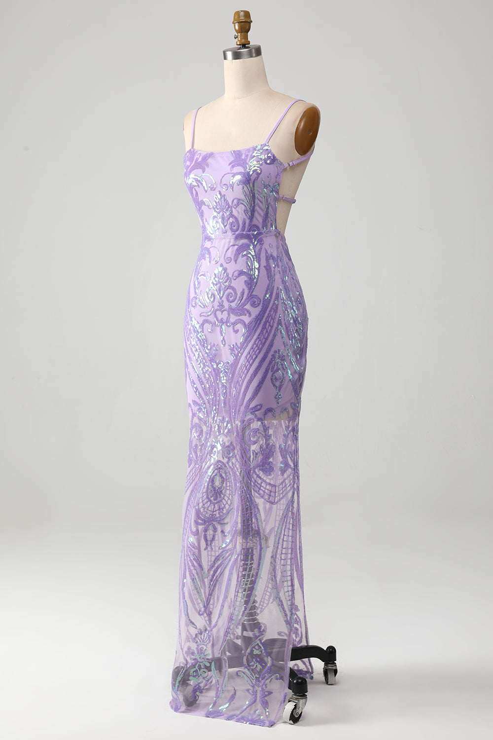 Vestido de fiesta sin espalda de color púrpura claro con lentejuelas