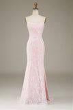 Vestido de fiesta rosa brillante de sirena con abertura