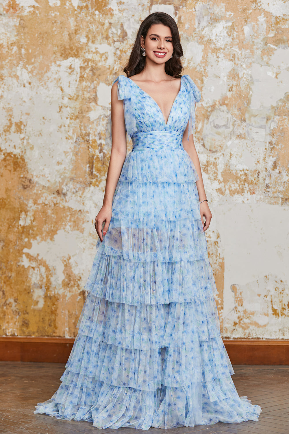 Princesa A Line Vestido de Fiesta Largo Azul Con Cuello En V Con Abertura De Volantes