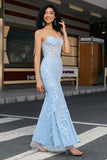 Elegante vestido de fiesta corsé azul claro de sirena con apliques