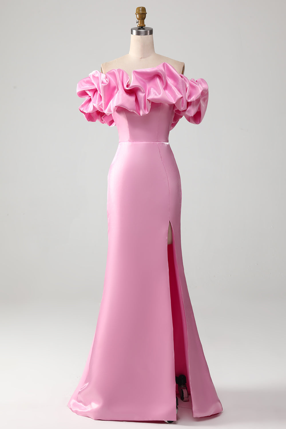 Vestido de fiesta rosa sin tirantes de sirena con volantes