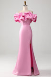 Vestido de fiesta rosa sin tirantes de sirena con volantes