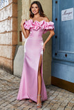Elegante vestido de fiesta largo rosa de sirena con hombros descubiertos con limo