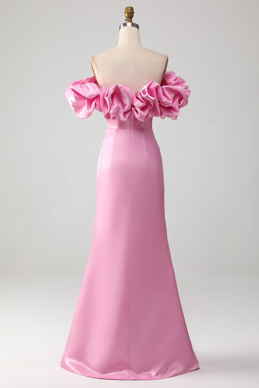 Vestido de fiesta rosa sin tirantes de sirena con volantes
