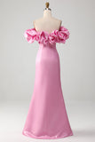 Vestido de fiesta rosa sin tirantes de sirena con volantes