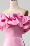 Vestido de fiesta rosa sin tirantes de sirena con volantes