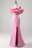 Vestido de fiesta rosa sin tirantes de sirena con volantes