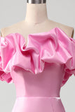 Vestido de fiesta rosa sin tirantes de sirena con volantes