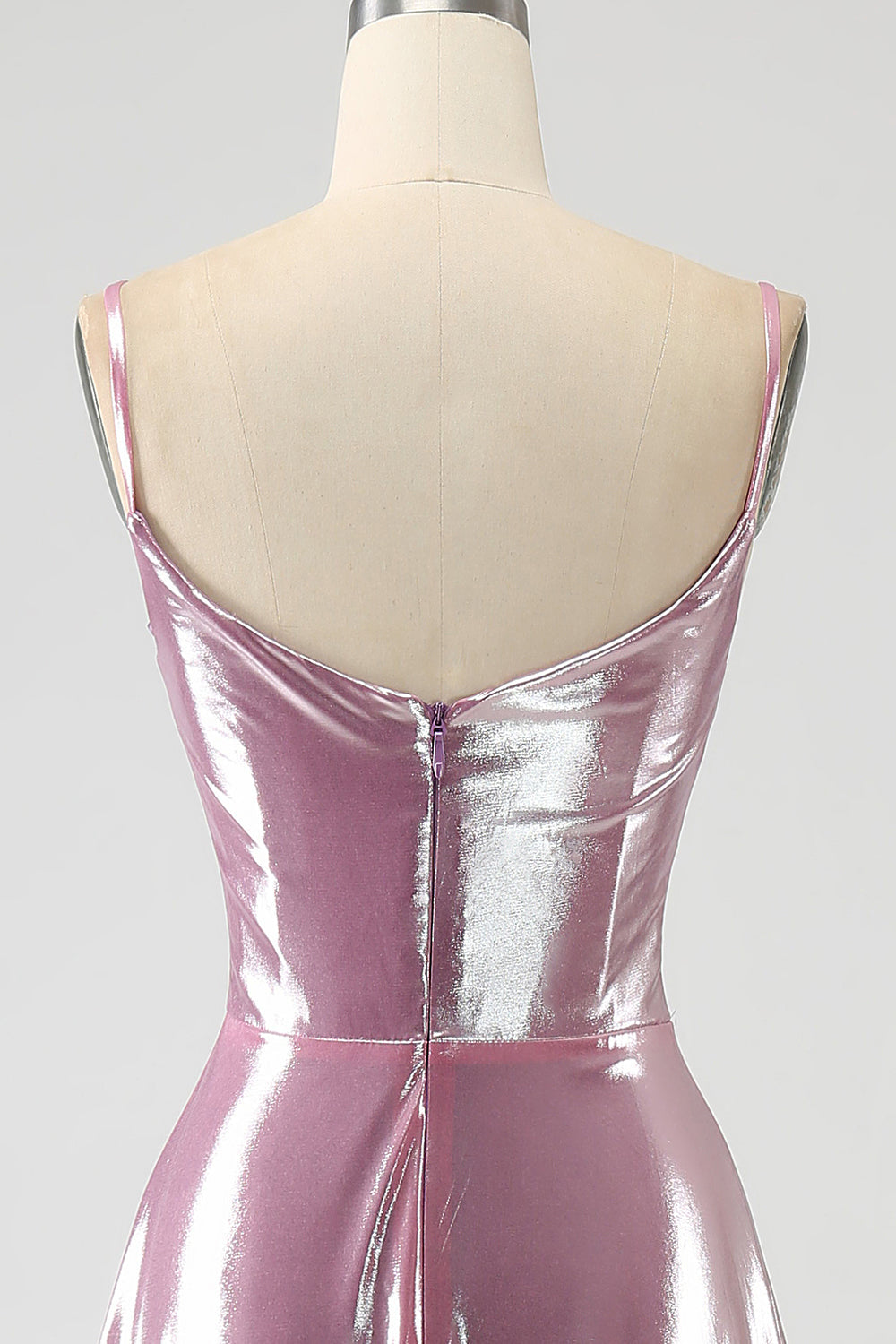 Impresionante vestido de fiesta largo rosa con tirantes de espagueti de una línea con frente dividido