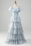 Vestido de fiesta escalonado azul claro de tul con corsé