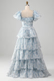 Vestido de fiesta escalonado de cuello cuadrado Blush A Line con volantes