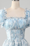 Vestido de fiesta escalonado de cuello cuadrado Blush A Line con volantes